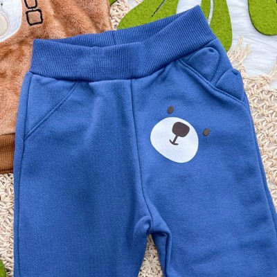 Conj. Casaco de Pelinho Let's Go e Calça de Moletom Ursinho - Marrom e Azul Jeans